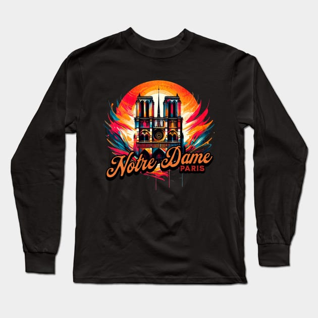 Notre Dame Paris Design Long Sleeve T-Shirt by Miami Neon Designs